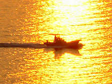 夕日の中を帰る漁船